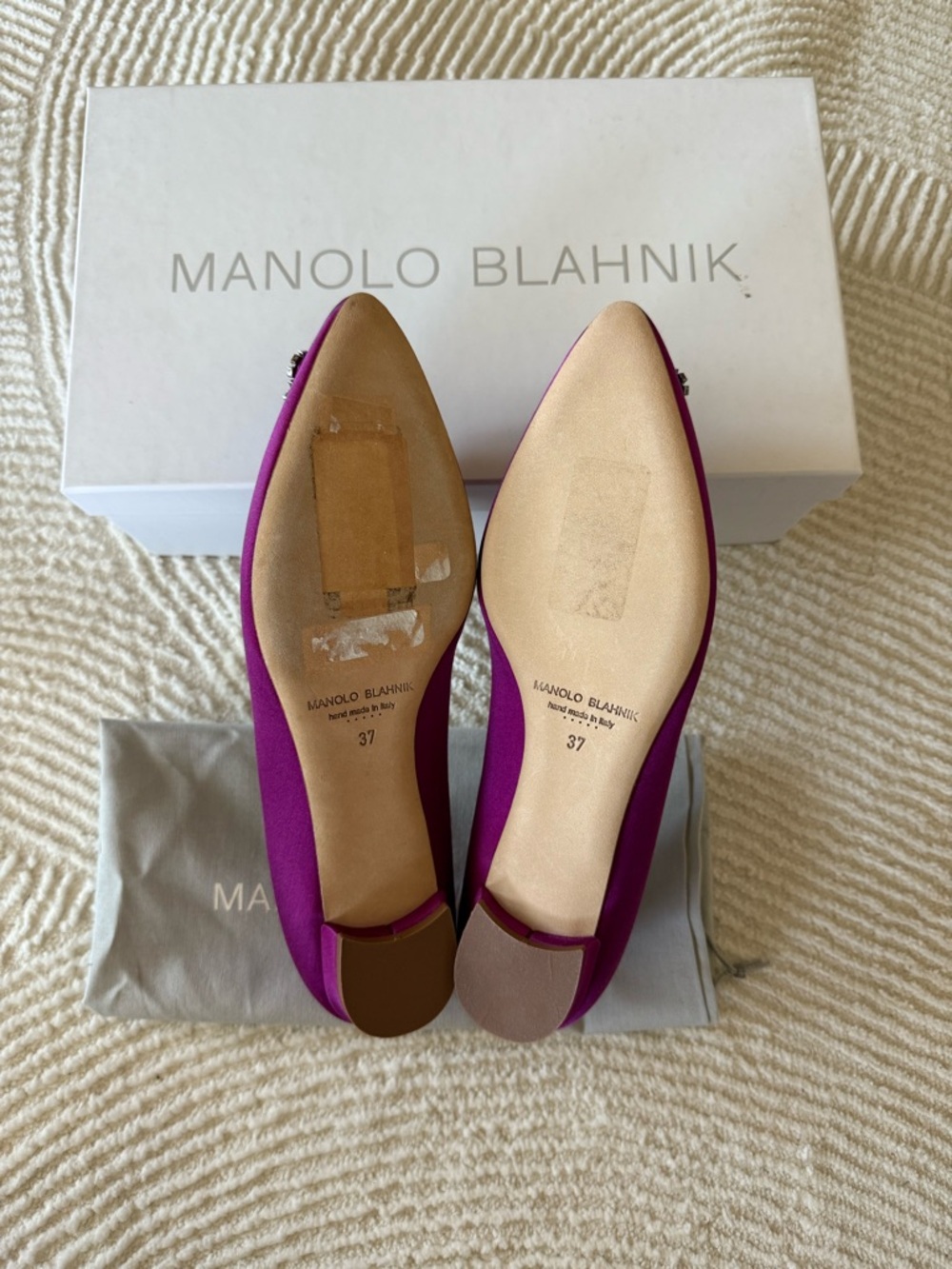 NEW Manolo Blahnik Hangisi Satin Pointed-Toe Flats with Blue Crystal Buckles - Picture 5 of 5